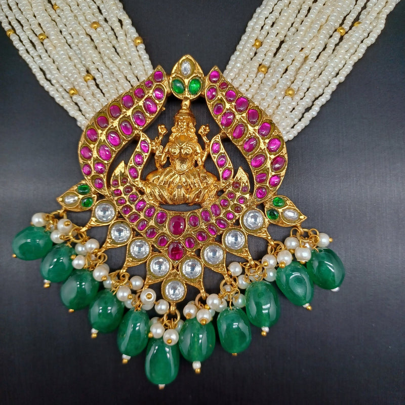 Beautiful Multi Strand Sugar Pearls Multi Stone Jadav Kundan Lakshmi Devi Locket And Jumka