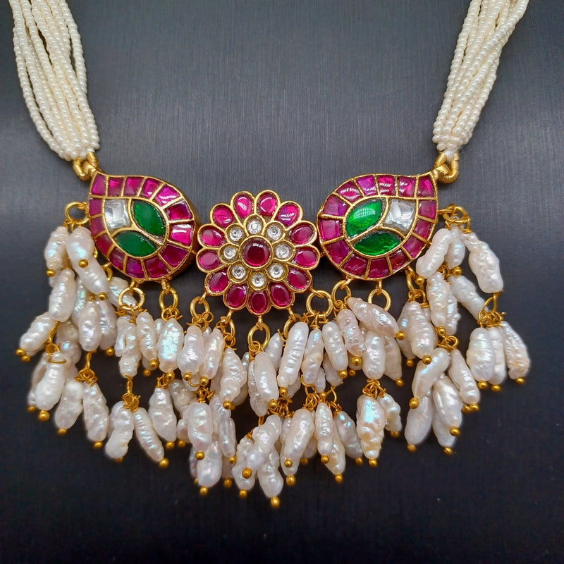 Beautiful Multi Stone Jadav Kundan Rice Pearl Choker With Earrings