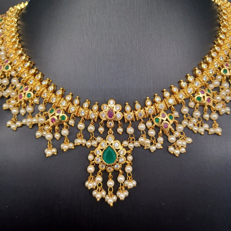 Beautiful Gold Polish multi Stone Guttapusalu Necklace Set With Earrings