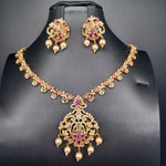 Beautiful AD And Ruby Small Necklace Set With Earrings