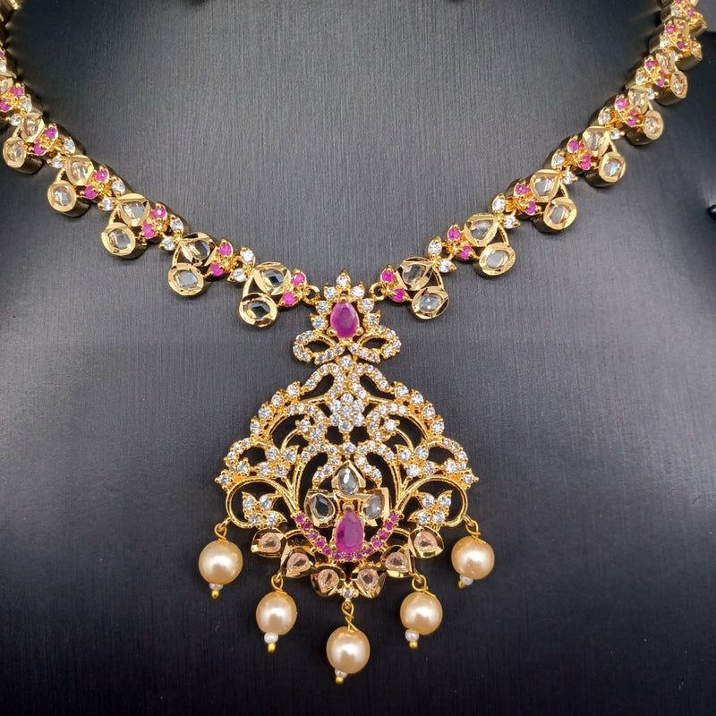 Beautiful AD And Ruby Small Necklace Set With Earrings