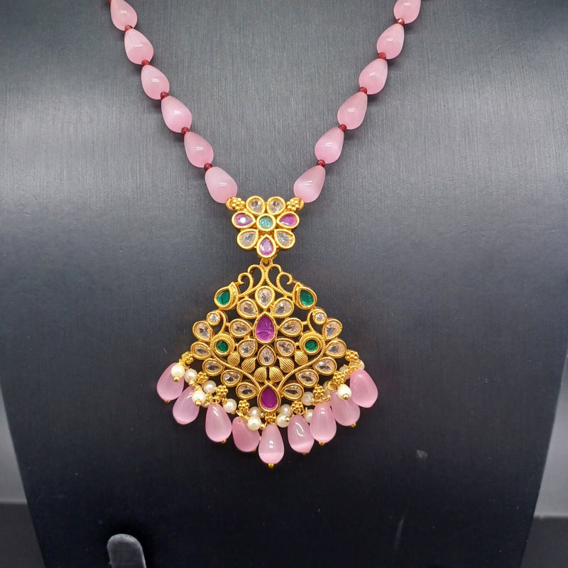 Beautiful Pink Monalisa Beads Set With multi Stone Locket