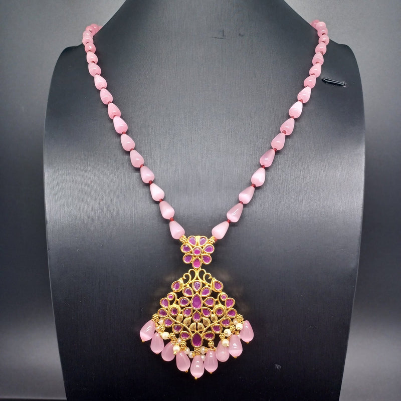 Beautiful Pink Monalisa Beads Set With multi Stone Locket