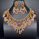 Beautifiul Matt Finish AD And Ruby Kemp Stone Pink Monalisa Beads Necklace Set With Earrings