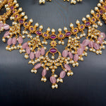 Beautifiul Matt Finish AD And Ruby Kemp Stone Pink Monalisa Beads Necklace Set With Earrings