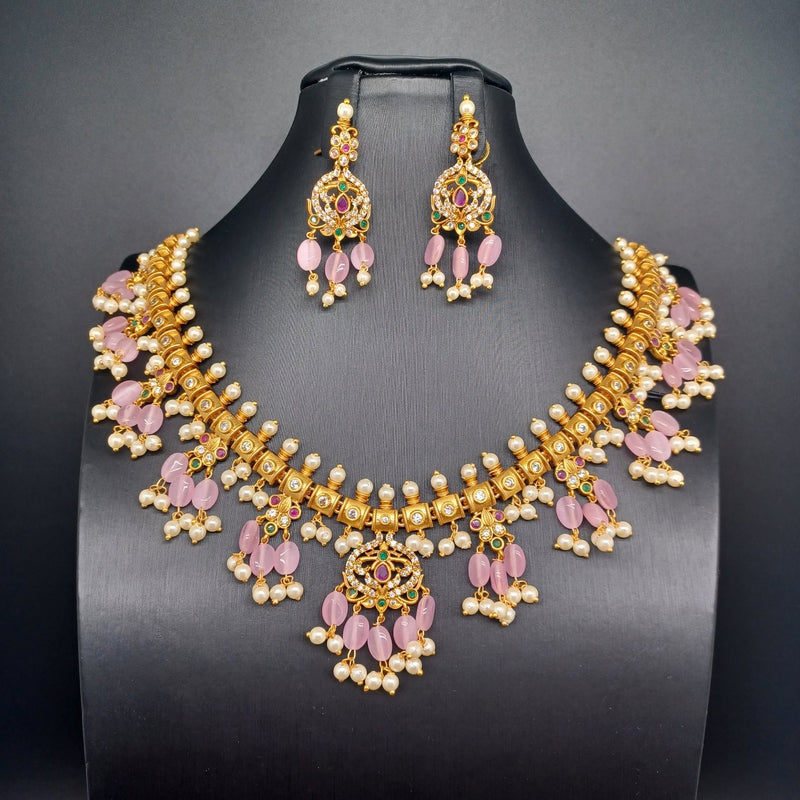 Beautiful Matt Finish AD And Multi Stone pastel pink Beads Necklace Set With Earings