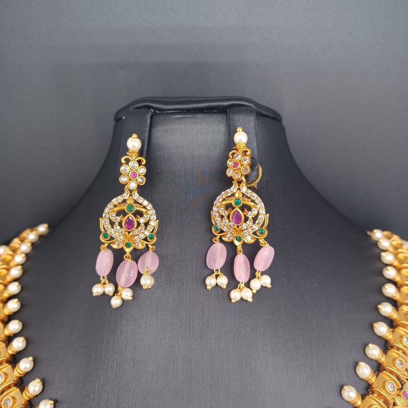 Beautiful Matt Finish AD And Multi Stone pastel pink Beads Necklace Set With Earings