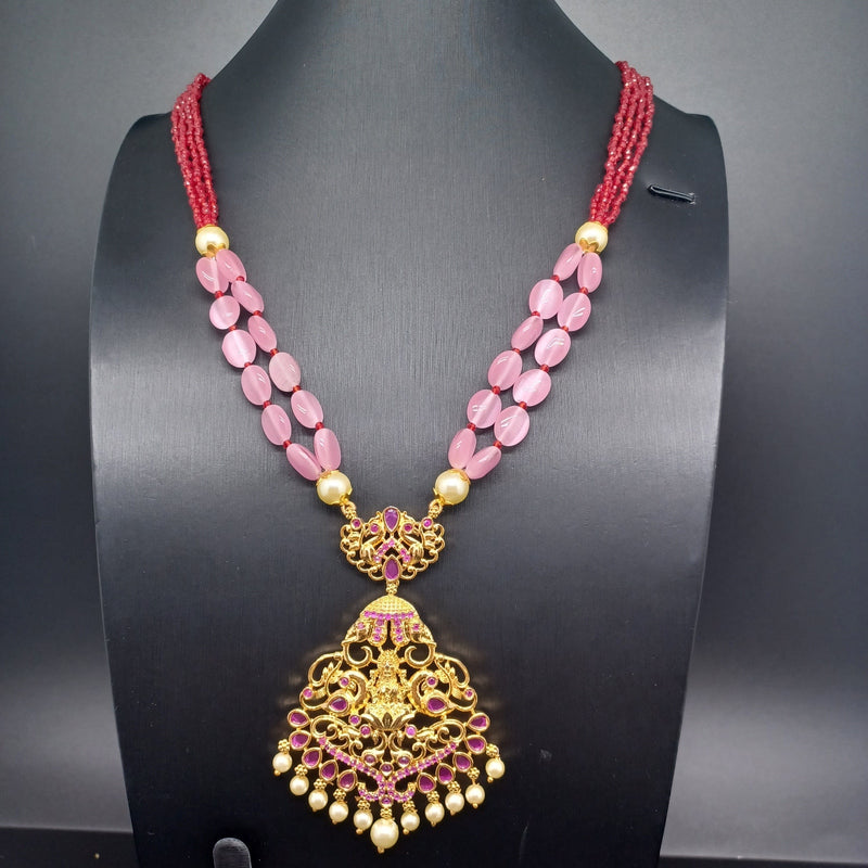 Beautiful Pink monalisa Beads Set With Ruby Stone Lakshmi Devi Locket