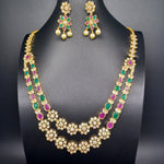 Beautiful AD And Multi Stone 2 Lane Flower Necklace Set With Earrings