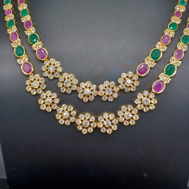 Beautiful AD And Multi Stone 2 Lane Flower Necklace Set With Earrings