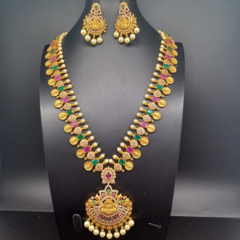 Elegant AD And Multi Stone Lakshmi Devi Long Haram With Earrings