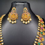 Elegant AD And Multi Stone Lakshmi Devi Long Haram With Earrings