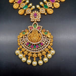 Elegant AD And Multi Stone Lakshmi Devi Long Haram With Earrings