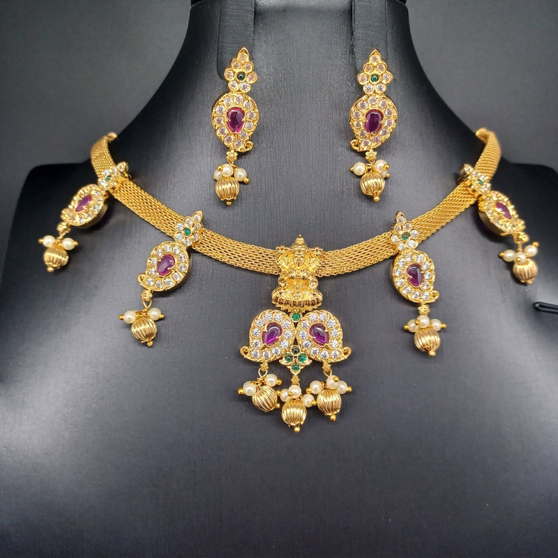 Beautiful AD And Multi Stone Gold Finish Small Lakshmi Devi mango necklace Set With Earrings