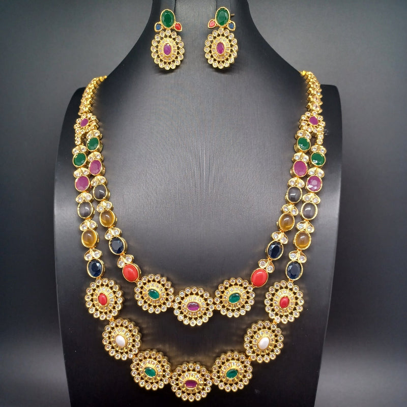 Beautiful AD And Navaratan 2 Lane Necklace Set With Earrings