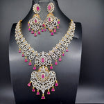 Elegant AD And Pink Stone Diamond Finish Necklace Set with Earrings