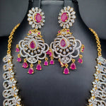 Elegant AD And Pink Stone Diamond Finish Necklace Set with Earrings