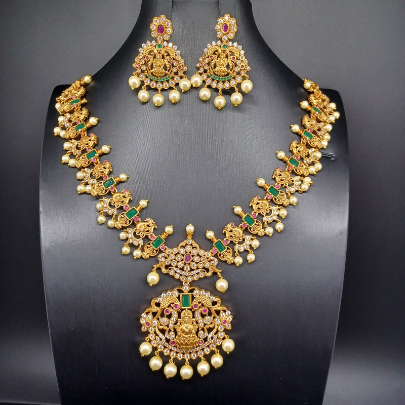 Beautiful Matt Finish AD And Multi Stone Peacock And Laksmi NecklaceWith Earrings