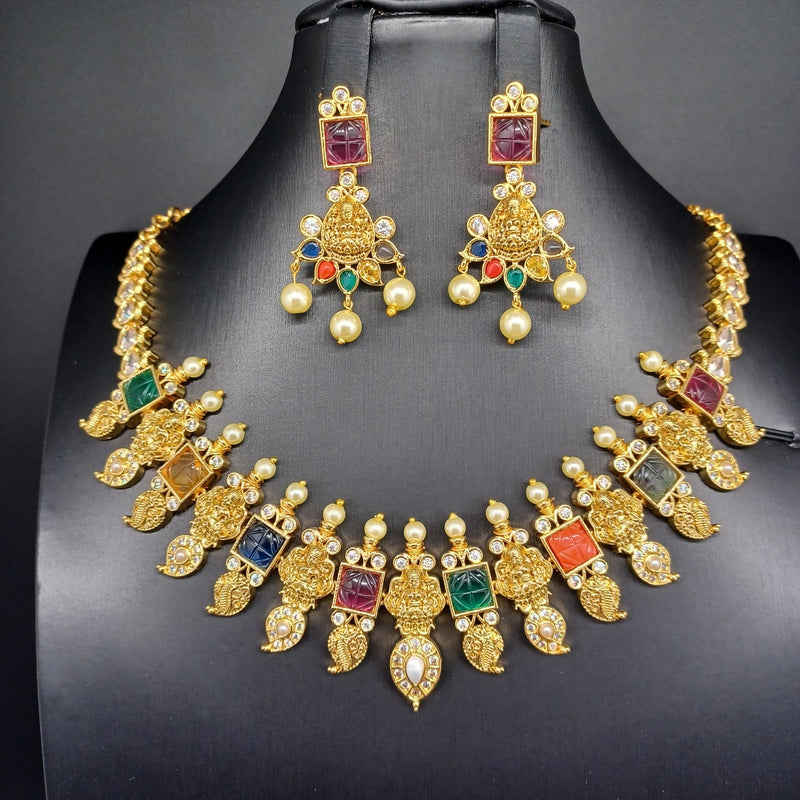 Beautiful AD And Navaratan Lakshmi Devi Necklace Set With Earrings