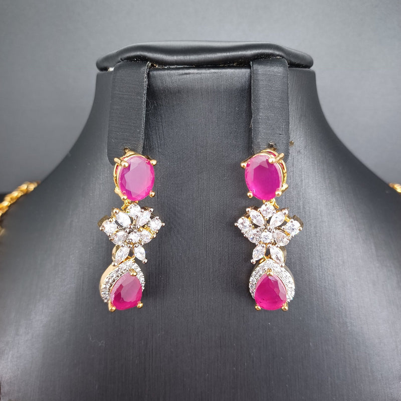 Beautiful AD And Pink Stone Small Flower Necklace Set With Earrings