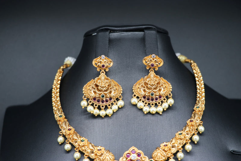 Beautiful AD And Multi Stone Ganesh Kante Set With Earrings