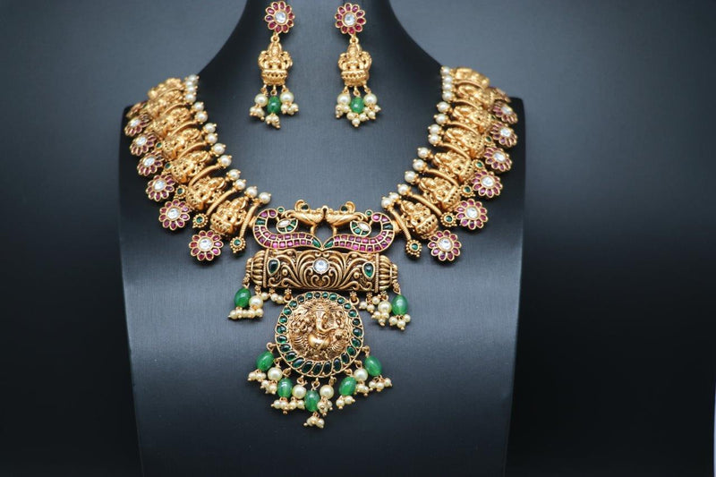 Beautiful AD Kundan Lakshmi And Ganesh Necklace Set With Earrings