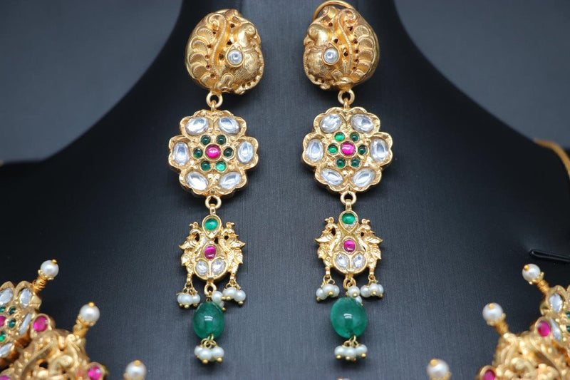 Beautiful AD And Multi Stone Jadav Kundan Lakshmi And Peacock Set With Long Earrings