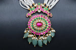 Beautiful Pastel Green And Pearl Set With multi Stone Peacock Locket And With Earrings