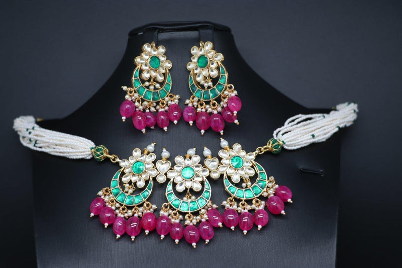 Beautiful Pearl And Multi Stone Chandbali Jadav kundan Set With Earrings