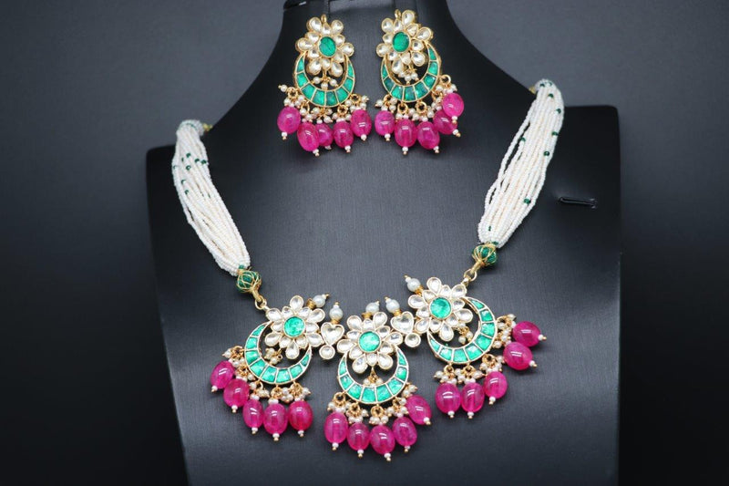 Beautiful Pearl And Multi Stone Chandbali Jadav kundan Set With Earrings