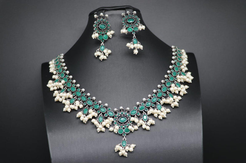 Beautiful Oxidized Green Stone Pearl Necklace Set With Earrings