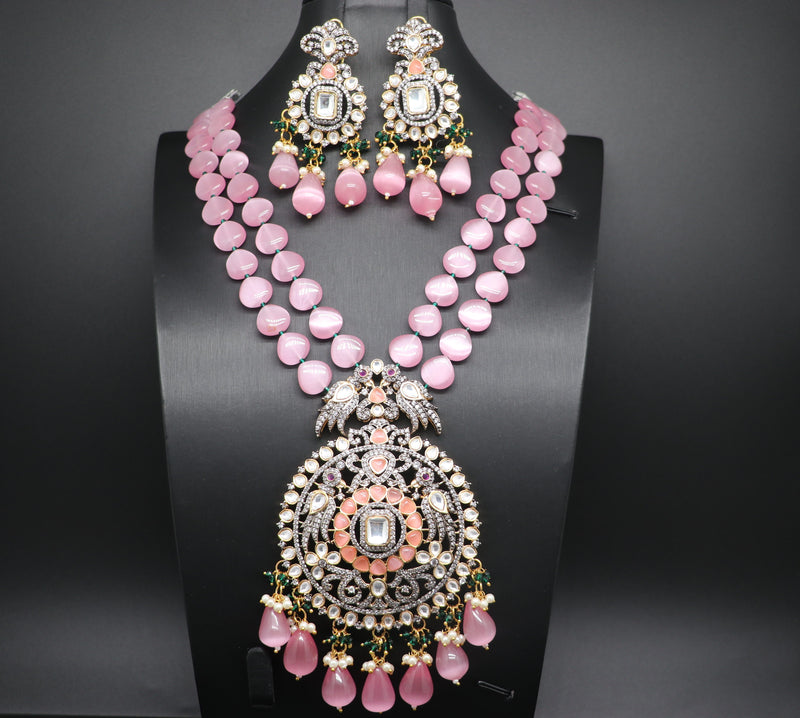 Elegant Polki kundan Pastle Pink Monalisa Beads Victorian Set With Earings