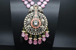 Elegant Polki kundan Pastle Pink Monalisa Beads Victorian Set With Earings