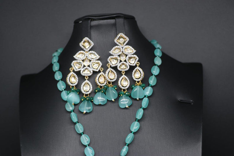 Elegant Polki Kundan Mint Monalisa Beads Set With Earrings