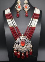 Elegant Polki Kundan And Carved Stone Pearl And Marron Color Beads Set With Earrings