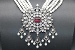 Elegant Multi Strand Pearls With Victorian Black Polish Locket Set With Earrings
