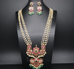 Elegant Multi Strand Rice Pearls With Multi Color Jadav Kundan locket Set With Earrings