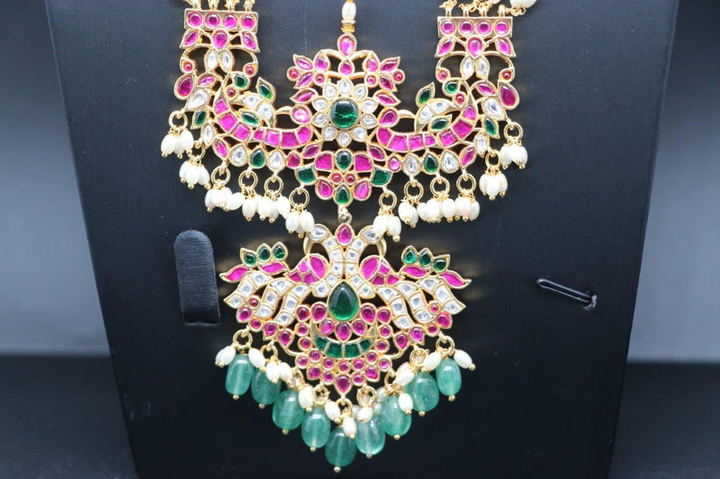Elegant Multi Strand Rice Pearls With Multi Color Jadav Kundan locket Set With Earrings