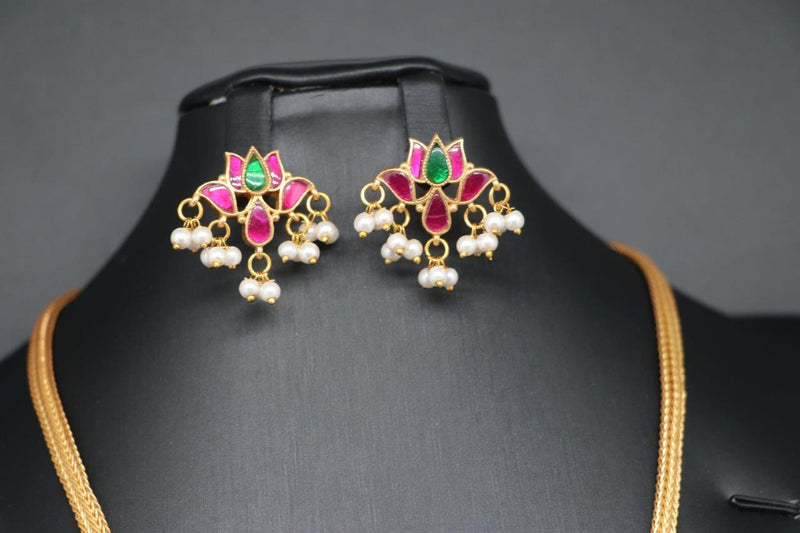 Beautiful Jadav Kundan And Pearl Lotus Small necklace Set With Earrings