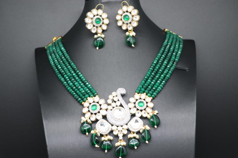 Elegant Multi Strand Green Beads With Polki Kundan Locket And Earrings