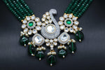 Elegant Multi Strand Green Beads With Polki Kundan Locket And Earrings