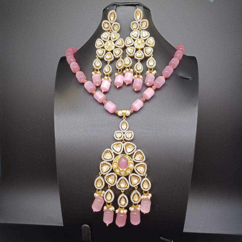 Elegant Polki Kundan Set With Pastel Pink Beads With Earrings