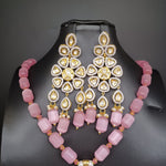 Elegant Polki Kundan Set With Pastel Pink Beads With Earrings