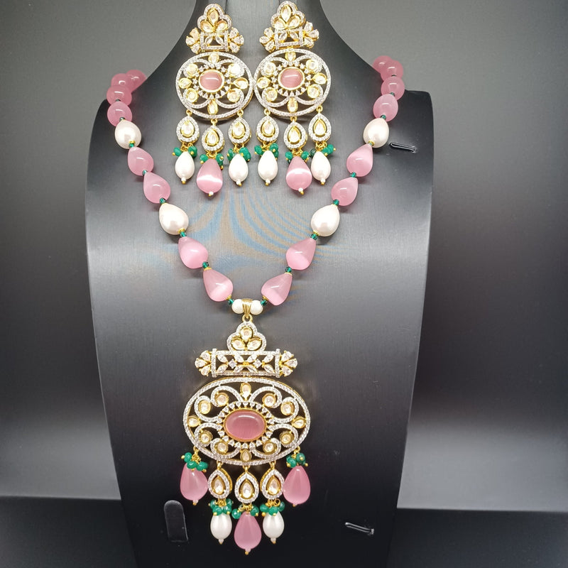 Elegant Polki Kundan Pastel Pink Beads With Hyderabadi Pearl Set With Earrings