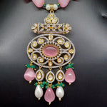 Elegant Polki Kundan Pastel Pink Beads With Hyderabadi Pearl Set With Earrings