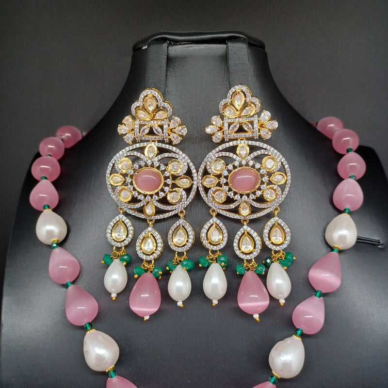Elegant Polki Kundan Pastel Pink Beads With Hyderabadi Pearl Set With Earrings