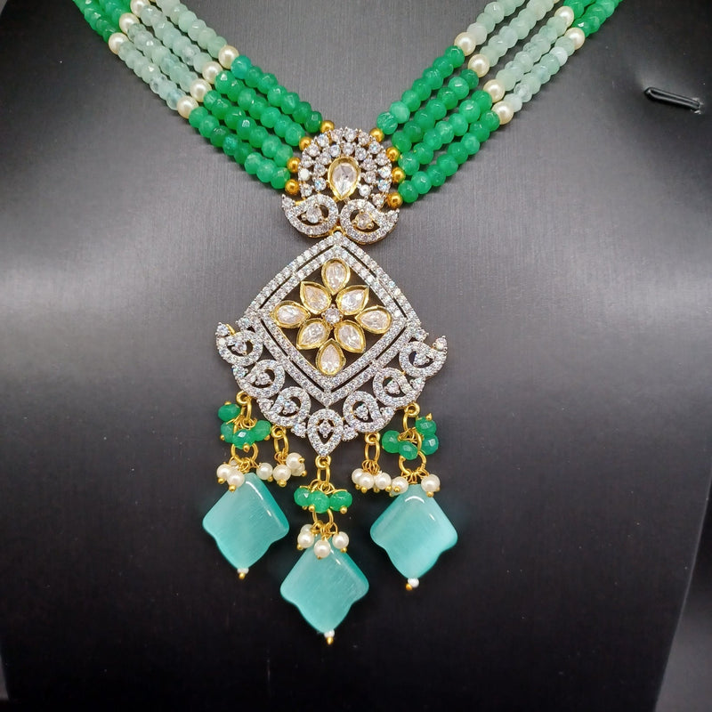 Elegant AD And Polki Kundan With Multi Stand Green And Mint Green Beads With Earrings