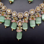 Elegant Polki Kundan And AD Green Monalisa Beads Set With Earrings