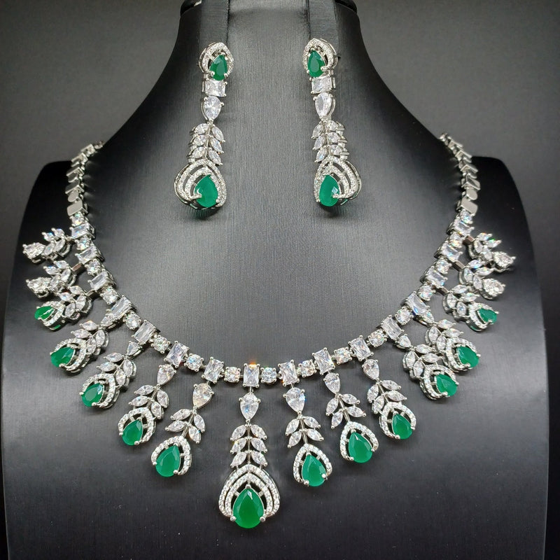 Elegant AD And Green Stone Diamond Finish Necklace Set With Earings