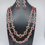 Beautiful Diamond Finish AD And Ruby Stone 2 Lane Necklace Set With Earrings